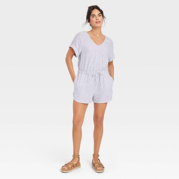 Blue and white pinstripe romper. - Picture 2 of 10